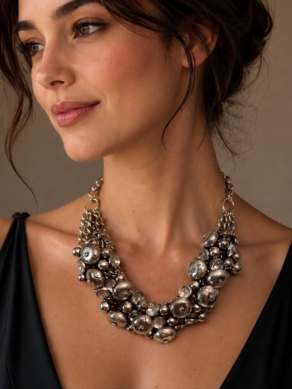 Vintage 1990s Beaded Chainmaille Cluster Chunky Festival Statement Necklace